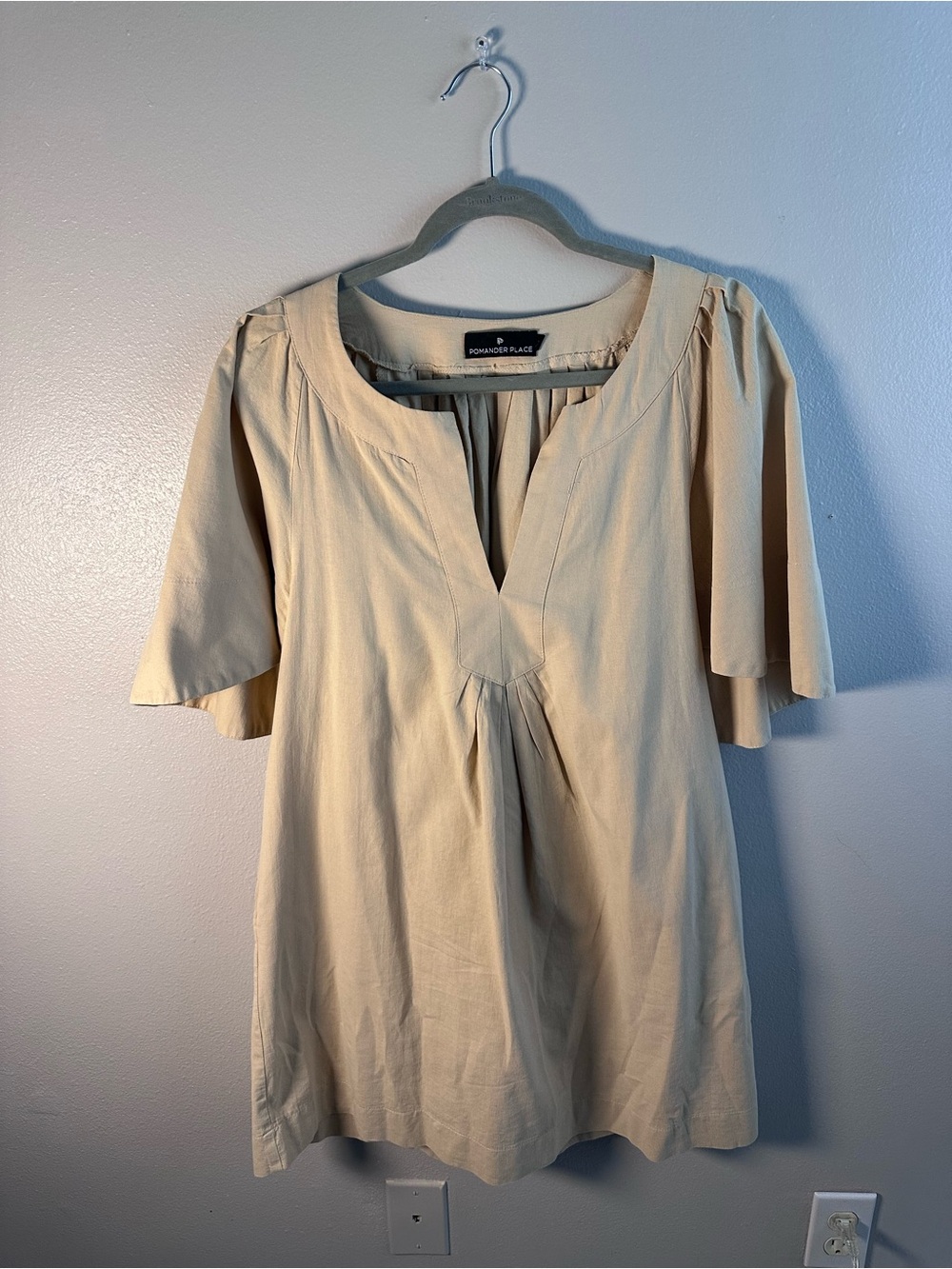Pomander Place Beige Flutter Sleeve Mini Dress Coastal Quiet Luxury Cotton L